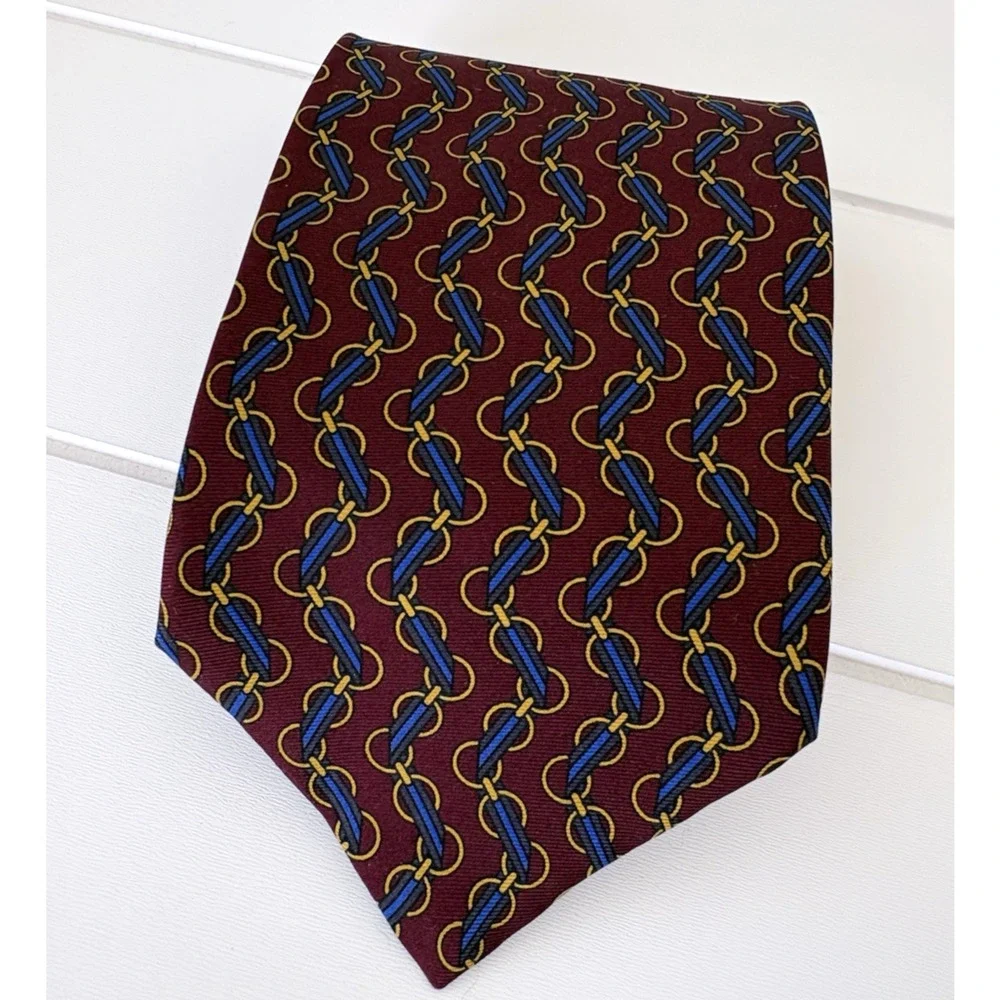 Ted Lapidus Silk Tie Made in USA Burgundy Blue Gold Chain Equestrian 3.75
